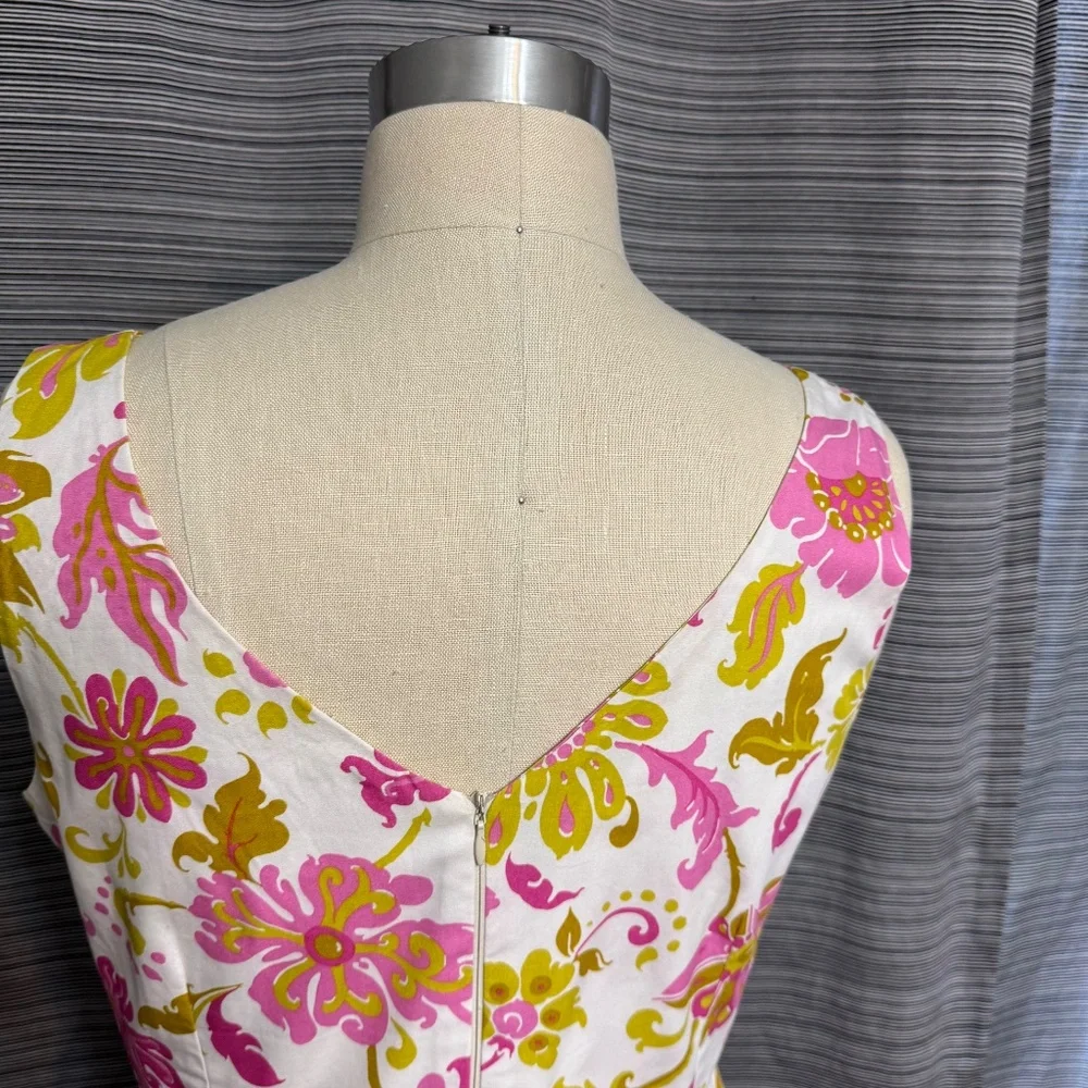 Boden Pink/Cream/Gold Midi Floral Cotton Sleeveless Fitted Dress Size 10 - Picture 4 of 7